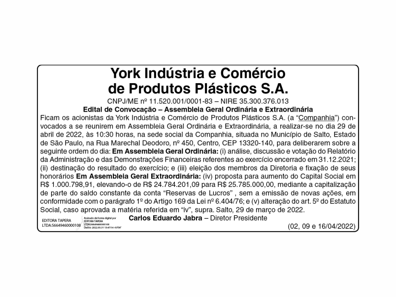 Read more about the article York Indústria e Comércio de Produtos Plásticos S.A.