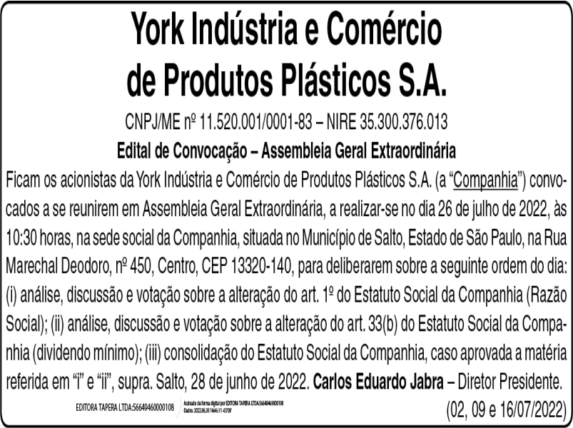 Read more about the article York Indústria e Comércio de Produtos Plásticos S.A.
