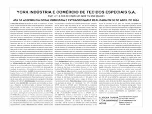 York Indústria e Comércio de Tecidos Especiais S.A. – Ata da Assembleia Geral Ordinária e Extraordinária realizada em 30 de abril de 2024