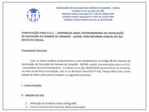 CONVOCAÇÃO PARA A.G.E. – ASSEMBLEIA GERAL EXTRAORDINÁRIA DA ASSOCIAÇÃO DE EDUCAÇÃO DO HOMEM DE AMANHÃ – AEHDA, PARA REFORMA PARCIAL DO SEU ESTATUTO SOCIAL